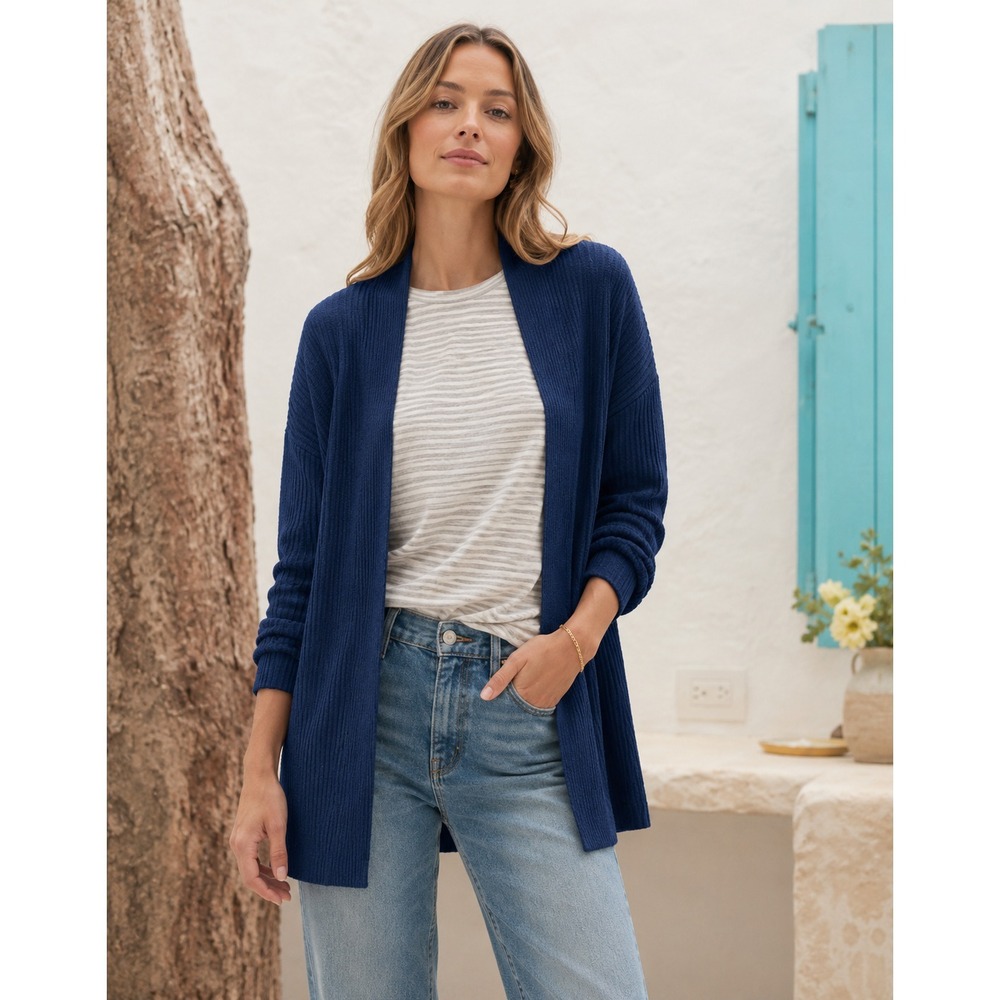 Eileen Fisher Knit Open Cardigan Sweater Sz S Blue 100% Organic Linen Coastal